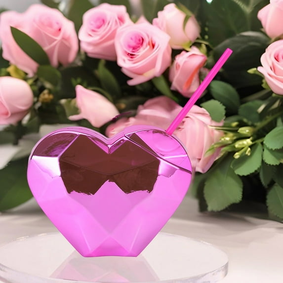 1PC Heart Shaped Cup with Lid and Straw Disco Cups Drinking Cocktail Cups Plastic Tumblers Party Wine Cup for Bar Valentine Birthday Tropical Luau Hawaiian Party Supplies, 7.09x5.51x2.52in