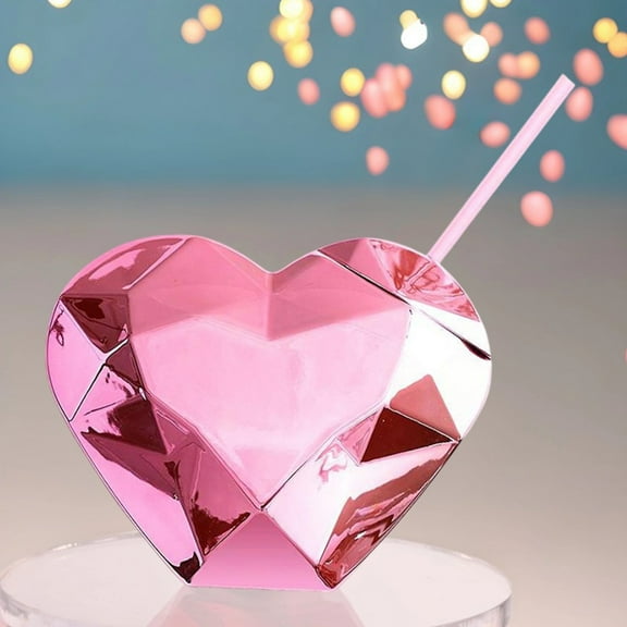 1PC Heart Shaped Cup with Lid and Straw Disco Cups Drinking Cocktail Cups Plastic Tumblers Party Wine Cup for Bar Valentine Birthday Tropical Luau Hawaiian Party Supplies, 7.09x5.51x2.52in