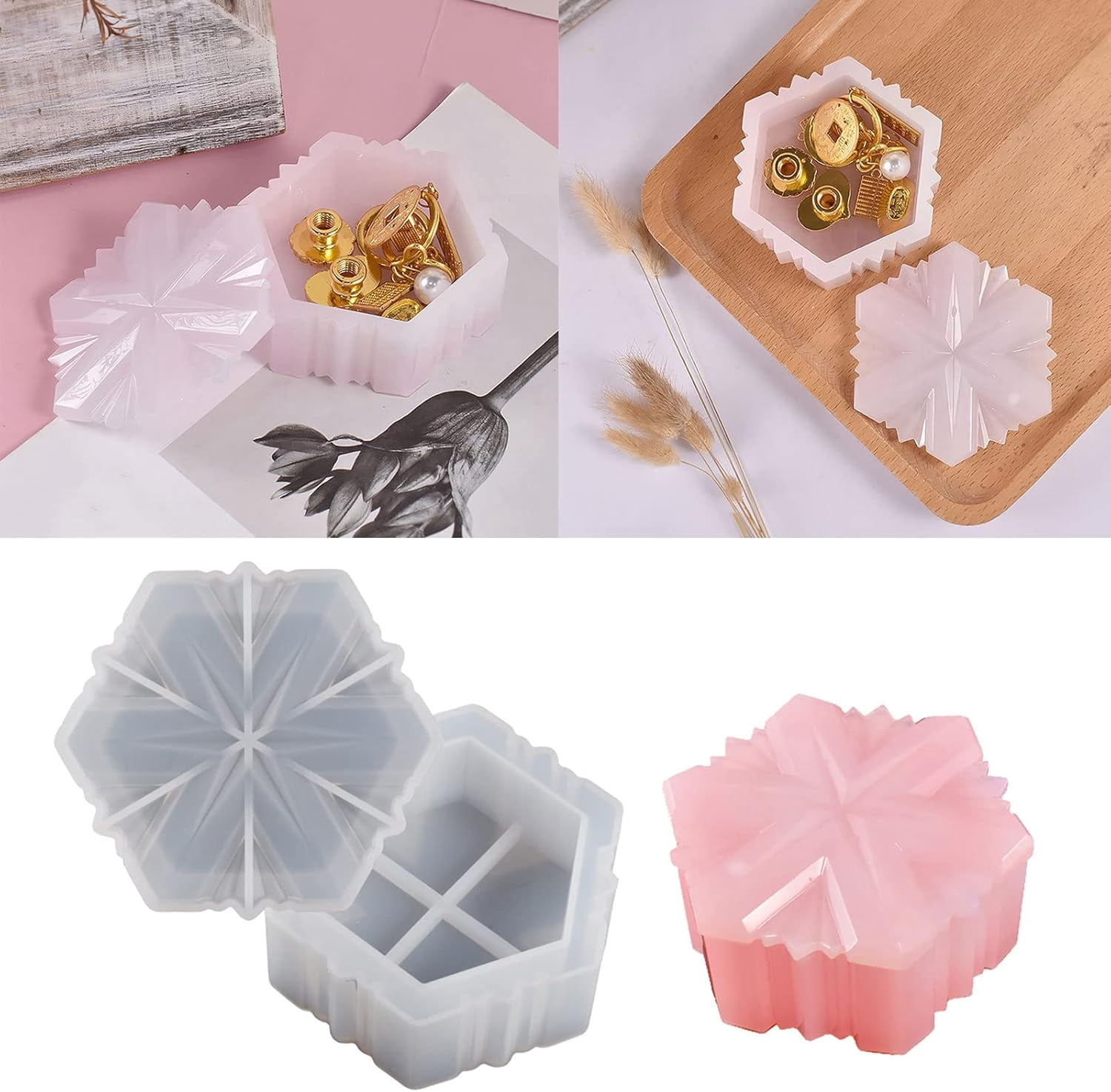 1PC Hexagonal Star Storage Box Silicone Mold, Crystal Epoxy Mold with Lid, Used for Epoxy Resin Jewelry Container Mold, Jewelry Home Decoration