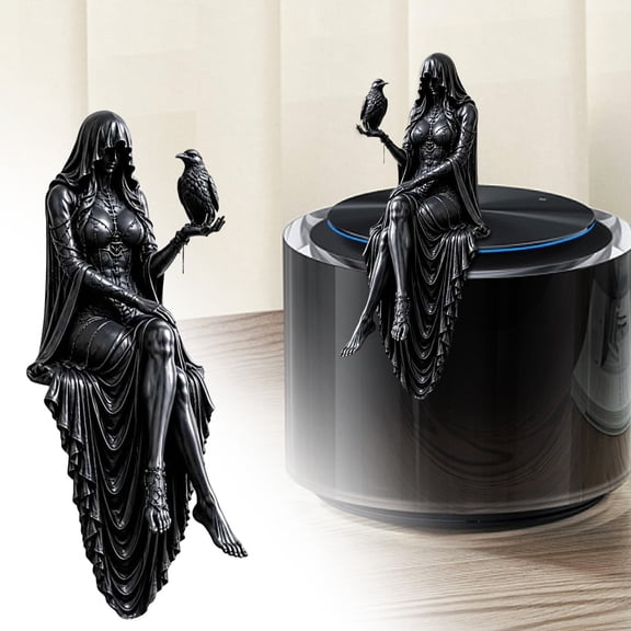 1PC Hooded Woman Raven Shelf Sitter Statue, Gothic Ethereal Lady Figurine Decor for Bookshelf, Desk & Mantel Display