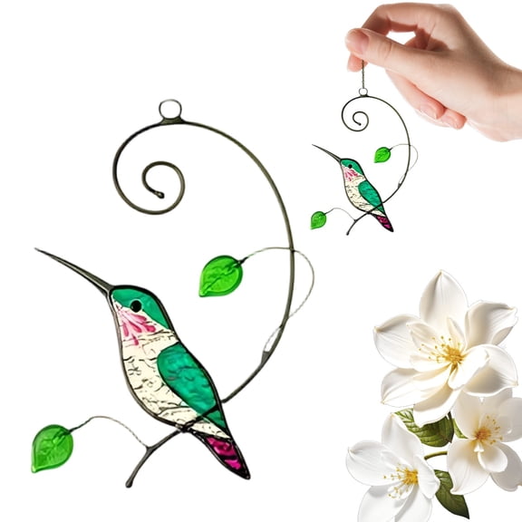 1PC Hummingbird stained glass sun catcher Flower stained glass window hangings - Bird Safe Window Hanging for Bird Lovers, Eco Gifts for Women & Mom, Porch/Kitchen Decor (8cm/3.14inch,D)