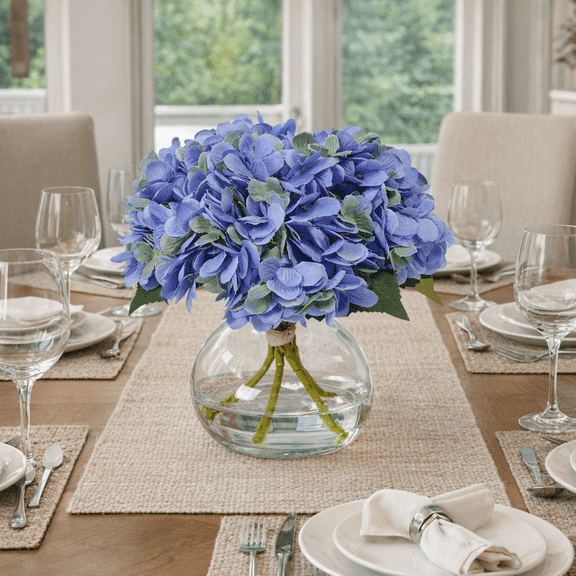 1PC Hydrangea Artificial Flowers-Hydrangea Artificial Flower Arrangement in Clear Glass Vase, Faux Hydrangea Bouquet with Realistic Water – Table Centerpiece for Home Decor,Blue