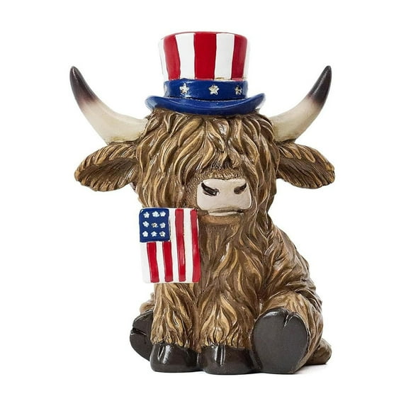 1PC Independence Day Solar Highland Cow Garden Decor Statue, Outdoor Funny Decoration for Yard