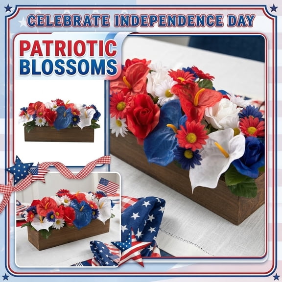 1PC Independence Day Wooden Box Ornament, Artificial Daisy Flower Decor, US National Day Table Centerpiece Decoration