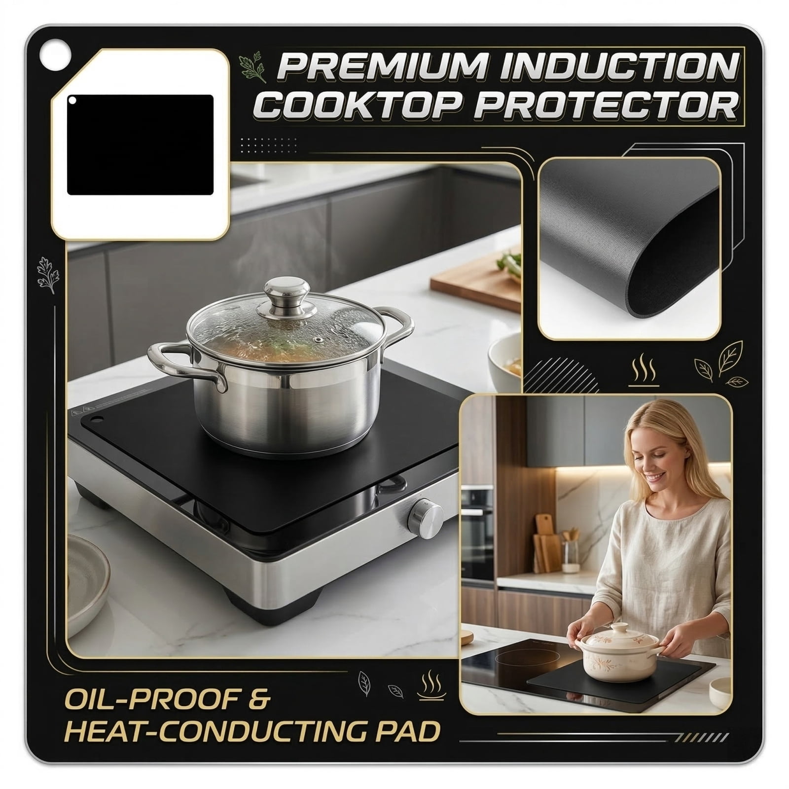 1PC Induction Cooker Protective Heat Conductive Oil-Proof Mat, Black Rectangular 21x24 Inch, 0.7mm Thin Heat Dissipation Pad for Kitchen Stove Countertop Surface Protection