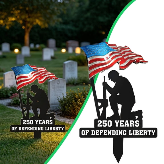 1PC Iron Patriotic Garden Stake, Semiquincentennial Kneeling Soldier & Liberty Bell Yard Sign for Lawn & Memorial Outdoor Decor