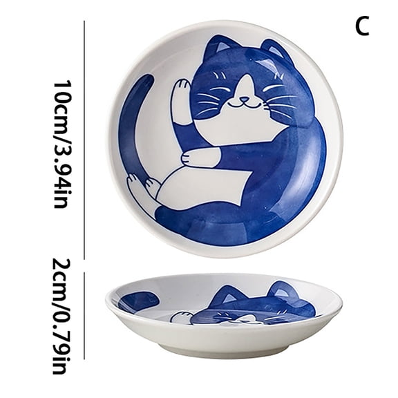 1PC Japanese Style Ceramic Dessert Sauce Dish Tableware Creative Cute Cartoon Lucky Cat Pattern Water Drop Shape Fruit Plates