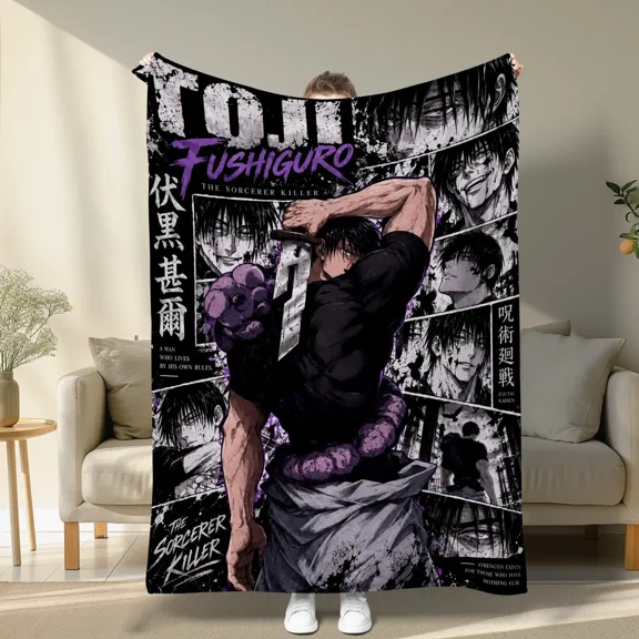 1PC Jujutsu Kaisen Toji Fushiguro Flannel Blanket, Sorcerer Killer Dark Manga Collage Anime Throw Blanket, Black Purple Grunge Printed Soft Cozy Blanket for Bedroom Bed Sofa Decor