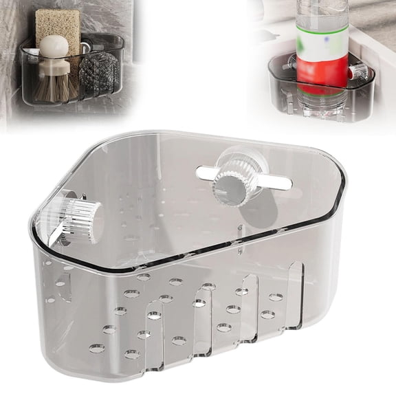 1PC Kitchen Sink Suction Corner Storage Basket Upgraded Drainage Rack Automatic Dumping Strainer for Sponge,Sink Organizer,Clear