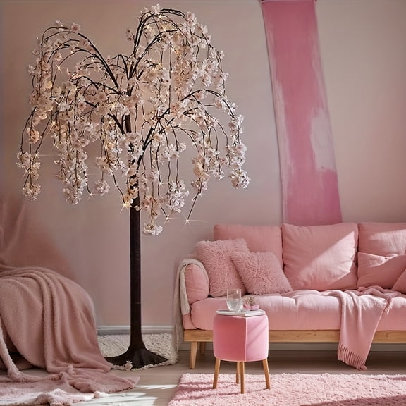 1PC LED Cherry Tree Floor Lamp, 5ft/6ft Warm White Artificial Lighted Cherry Tree, Home Indoor Decor for Party Wedding Birthday Valentine's Day & Festival Gifts