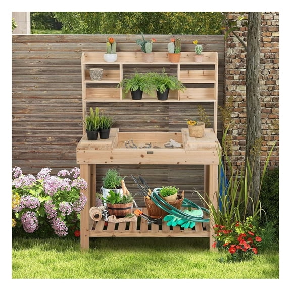 1PC Large Garden Potting Bench Table with Display Rack and Hidden Sink