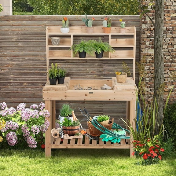 1PC Large Garden Potting Bench Table with Display Rack and Hidden Sink