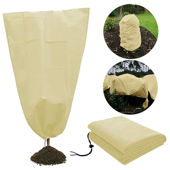 1PC Large Winter Cover - 23.62" x 31.5" Beige Freeze Protection with Drawstring, Waterproof Shelter Bag for Outdoor Garden & Shrubs
