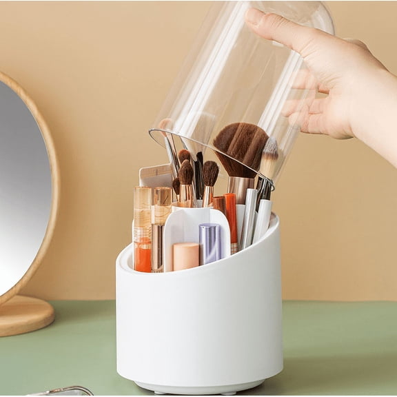 1PC Makeup Brush Holder Organizer with Lid, Rotating Dustproof Make Up Brushes Container with Clear Acrylic Cover, Spinning Cosmetics Holders Storage Cup for Vanity Desktop Bathroom Countertop