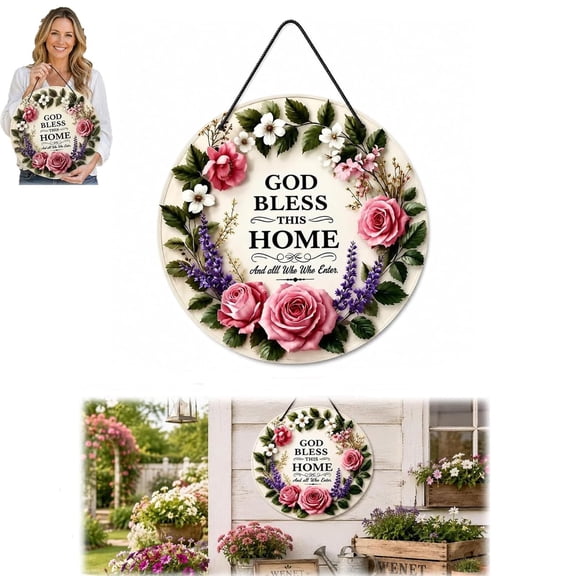 1PC "May God Bless This Home" Floral Doorplate - A Heartfelt Blessing For Every Family, Farmhouse Round Floral Welcome Door Sign, Rose Wreath Wall Art Decor, Christian Front Door Hanger(7.9")