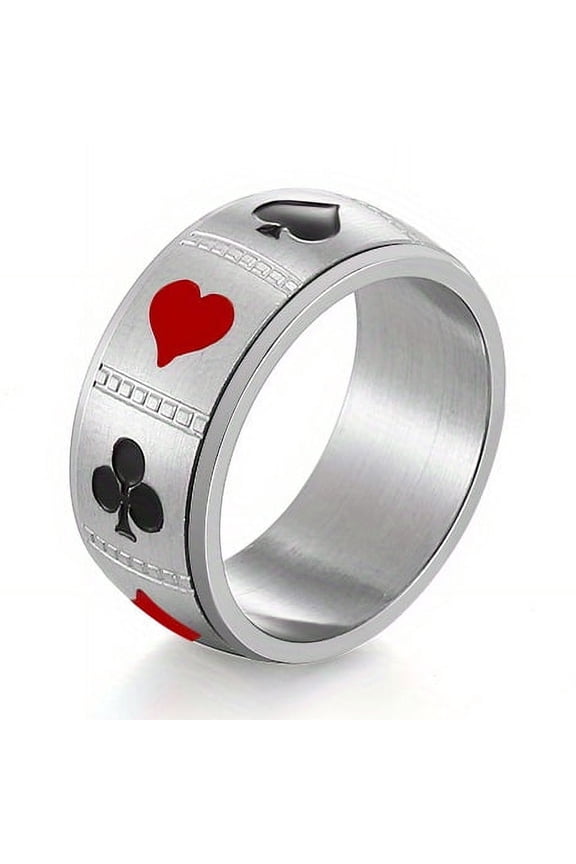 1PC Men's Rotation Poker Ring Stainless Steel Gold/Silver Poker Rotor Rotor Punk Jewelry,Silver, 10