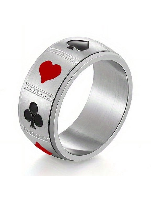 1PC Men's Rotation Poker Ring Stainless Steel Gold/Silver Poker Rotor Rotor Punk Jewelry,Silver,11