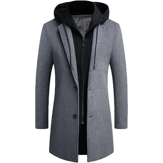 1PC Mens Trench Coat Winter Wool Blend Jacket Overcoat Long Top Warm Pea Men's Hoodie Cotton Casual Woollen Premium Business Removable Hooded Single Breasted Coats Classic with Detachable Hip