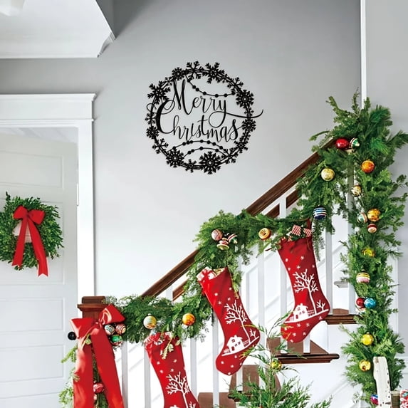 1PC Merry Christmas round metal wall art decoration. Merry Christmas lettering logo. For bedroom, kitchen and front door hanging. Christmas gift