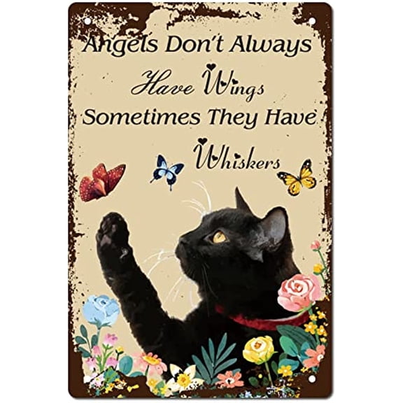 1PC Metal Tin Sign Cat with Butterfly Flowers Retro Funny Wall Decor Art Mural Hanging Iron