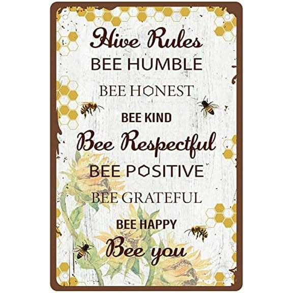 1PC Metal Tin Sign Hive Rules Bee Happy Vintage Funny Wall Decor Art Mural Hanging Iron Painting