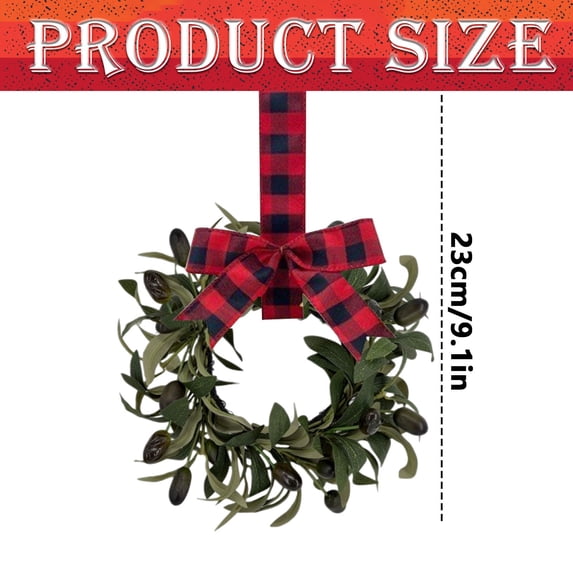 1PC Mini Wreaths for Cabinet, Flocked Mistletoe Wreath with Bow, Artificial Berries Pinecones for Holiday Kitchen Cabinet Window Chair Decor