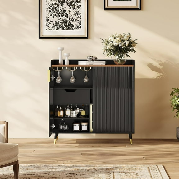 1PC Modern Buffet Cabinet for with Storage Drawer, Fluted Liquor & Coffee Bar Cabinet with Wine Rack, Fluted Sideboard & Coffee Bar Cabinet, Liquor Wine Bar for Home Dining Room, Living Room