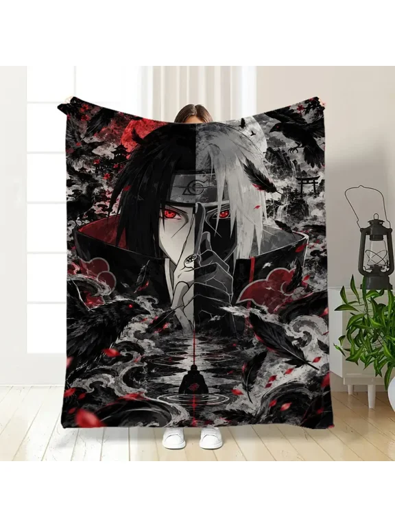 1PC Naruto Shippuden Itachi Uchiha Flannel Blanket, Akatsuki Sharingan Raven Dark Anime Throw Blanket, Black Red Manga Style Soft Cozy Blanket for Bedroom Bed Sofa Decor, Itachi Anime Fan Gift