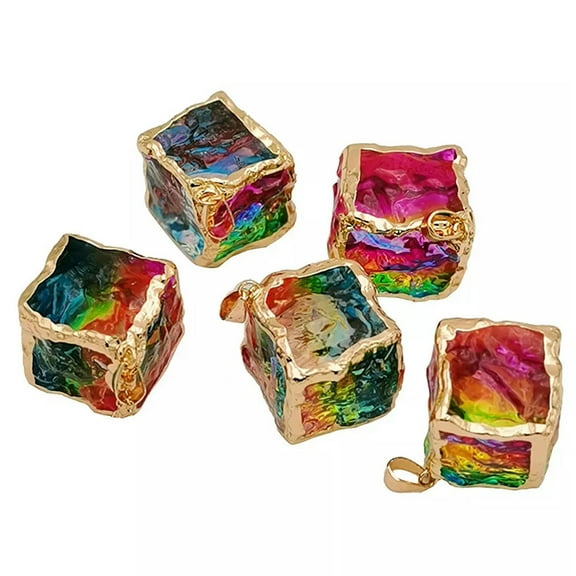 1PC Natural Rainbow Cube Pendant Stone Quartz Crystal Carved Gold Trim Healing