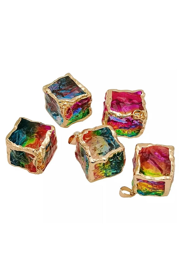 1PC Natural Rainbow Cube Pendant Stone Quartz Crystal Carved Gold Trim Healing