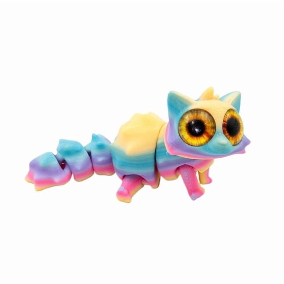 1PC New rainbow(sort colors random) 9.5CM 3D Printed Cute Big-Eyed Cat Figurine with Articulated Joints and Realistic Eyes