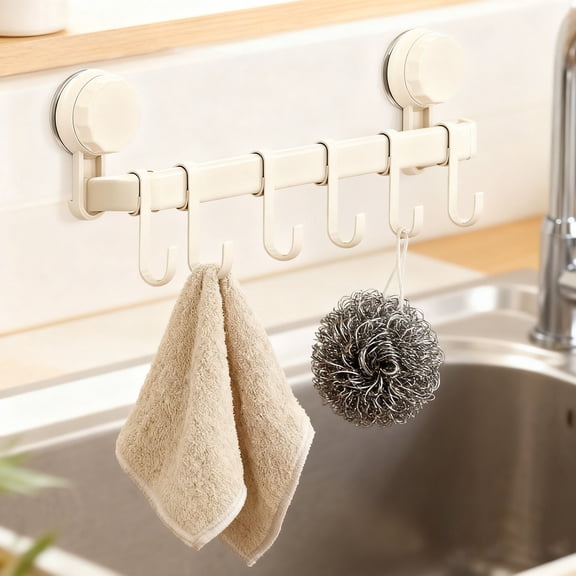 1PC No Drill Suction Cup Wall Mounted Hook Rack, 10-Hook Stainless Steel Hanger for Kitchen Bathroom Bedroom, Removable & Reusable White