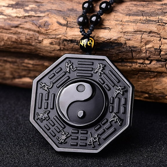 1PC Obsidian Yin NECKLACE BLACK GEMSTONE AMULET Protection with Adjustable Bead Chain Chinese Fang Unisex Jewelry (BAGUAA Cure,Black