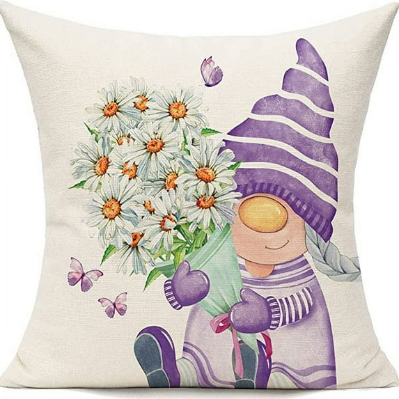 1PC Outdoor Throw Pillow Covers 18x18inch, Spring Summer Decorative Cushion Cases, Home Decor Decorations for Patio Couch Chair Sofa, Daisy Floral Gnomes