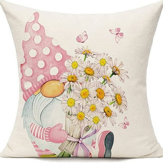 1PC Outdoor Throw Pillow Covers 18x18inch, Spring Summer Decorative Cushion Cases, Home Decor Decorations for Patio Couch Chair Sofa, Daisy Floral Gnomes