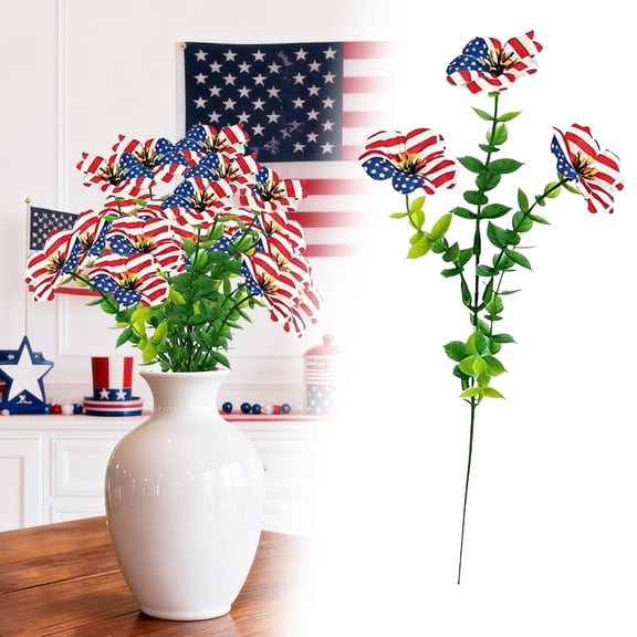1PC Patriotic Fake Flowers Red White and Blue, Veterans Day Flowers, 4th of July Decoration Stars and Stripes Faux Flower Arrangement with Flexible Stems for Vase Porch Mantel Decor