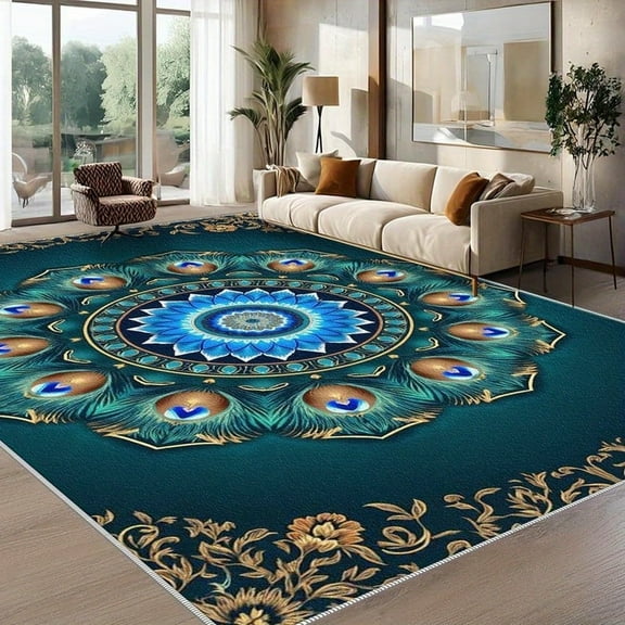 1PC Peacock Feather Pattern Area Rug Local Carpet, Lightweight Washable Easy-to-Manage Carpet Mat Festival Gift, Suitable for Living Room, Bedroom, Dining Room, Office, Balcony, Room Accessones
