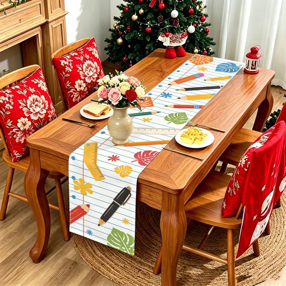 1PC Pencil Tropical Leaf Stationery 2D Printed Table Runner, Kitchen Indoor Outdoor Party Decor, Nice Holiday Gift For Autumn Home Table Decoration