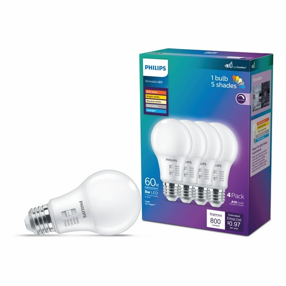 Philips LED 60-Watt Equivalent A19 Selectable White Light Bulb, Frosted, Dimmable, E26 Base (4-Pack)