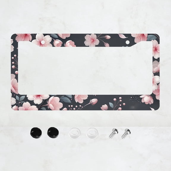 1PC Pink Cherry Blossom License Plate Frame Beautiful Floral Flowers Plate Holder Aluminum Auto Parts Colorful License Plate Decoration with Screws Size 12" x 6" for Women