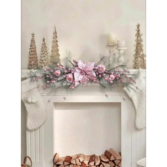 1PC Pink Christmas Swag Artificial Poinsettia Swag Wreath For Front Door Wall Window Fireplace Christmas Decorations