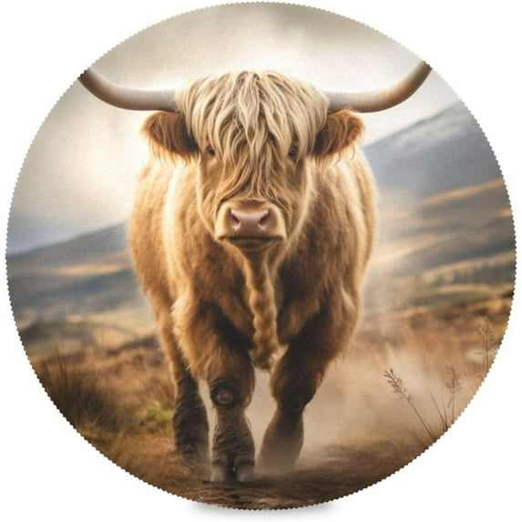 1PC Place Mats Highland Cow Round Placemat Heat-Resistant Placemats Dining Table Mat Circle Shape 15.4" for Kitchen/Dinner/Party/Restaurant Home Decor Gifts