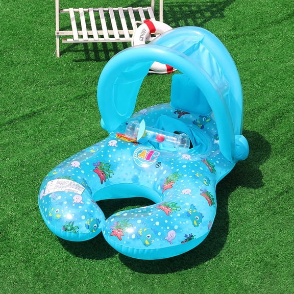 1PC Pool Floats with a dual-ring design for shared swimming, featuring a removable sun canopy