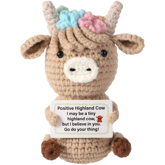 1PC Positive Energy Crochet Highland Cow, Cute Handmade Stuffed Animal for Stress Relief and Comfort, Emotional Support Toy, Desktop Decoration