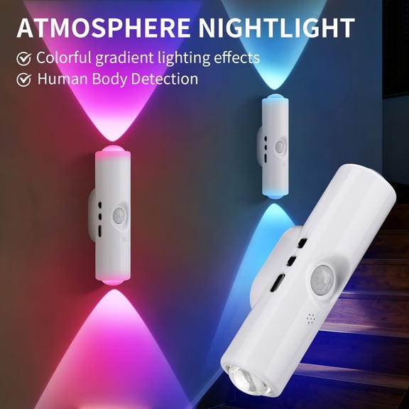 1PC RGB LED Ambient Night Light, Magnetic No-Drill, Motion Sensor, Multi-Color Adjustable, Long Lasting Battery, For Wall Living Room Bedroom Hallway Stair Bar Date Night