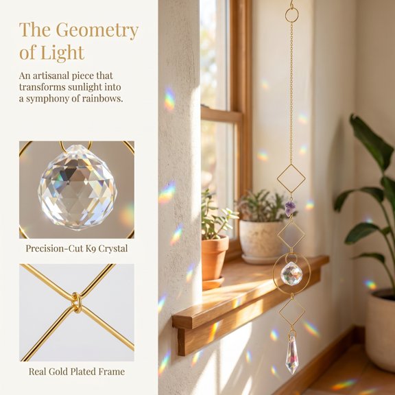 1PC Rainbow Maker Crystal Suncatcher, Sun Catcher with Chain Prism Hanging Decor, Whimsical Home Ornament with Sun Moon Detail & Raw Amethyst Chips B