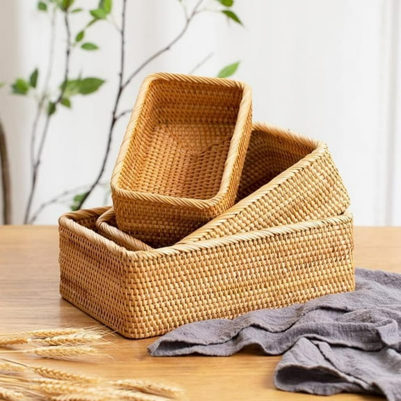 1PC Rattan Storage Basket, Hand Woven Rectangular Fruit Baskets for Serving, Picnic Basket, Wicker Storage for the Living Room Kitchen