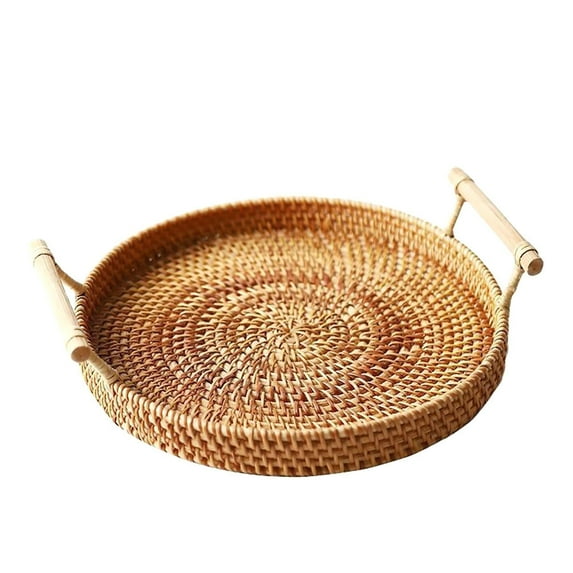 1PC Rattan Woven Basket Practical Picnic Tray Outdoor Storage Portable Medium 28x3 5cm Diameter