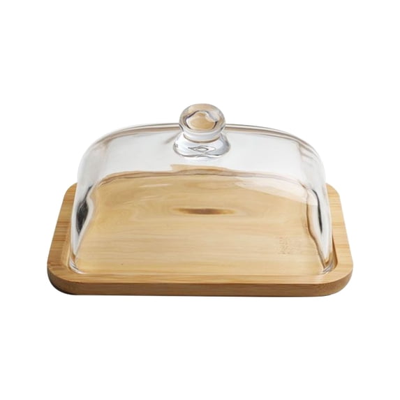1PC Rectangle Bamboo Wood Cake Plate with Dome Lid, Multipurpose Dessert Serving Platter & Butter Dish for Home & Restaurant