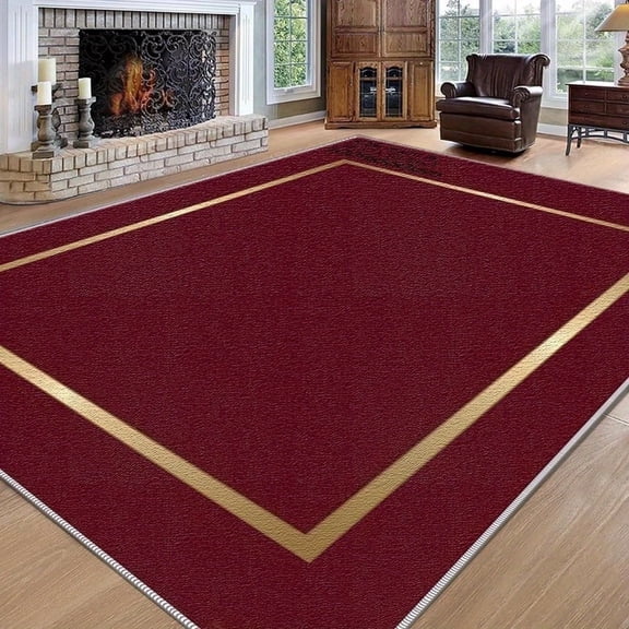 1PC Rectangular Maroon Carpet with Gold Frame Area Rug, Lightweight Washable Easy-to-Clean Carpet Mat Festival Gift, Suitable for Living Room, Bedroom, Office, Dining Room, Hallway, Room Accessones